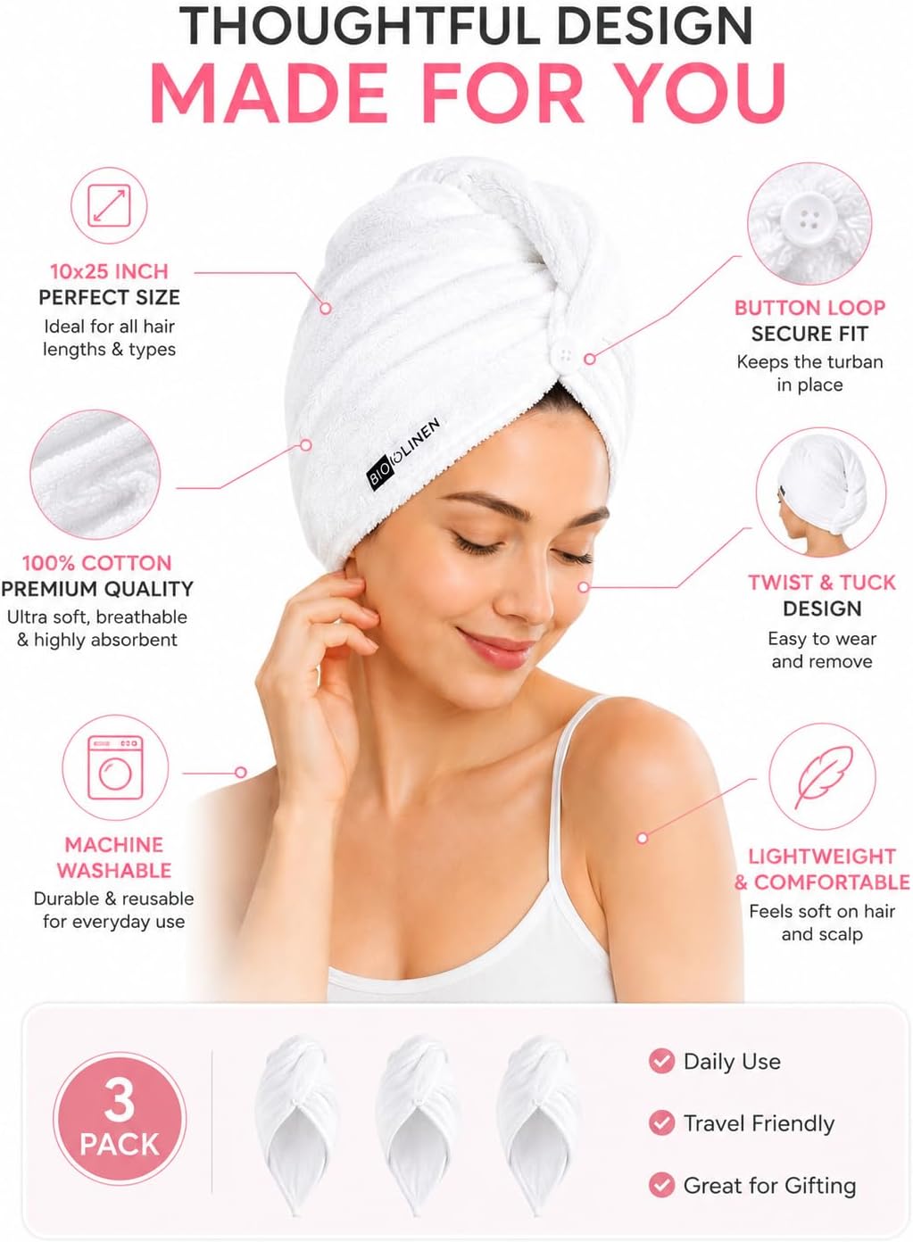 BIOLINEN Hair Towel Wrap 3 Pack