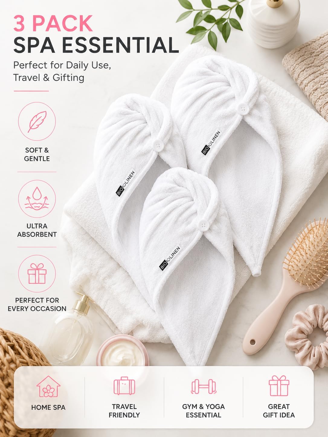 BIOLINEN Hair Towel Wrap 3 Pack