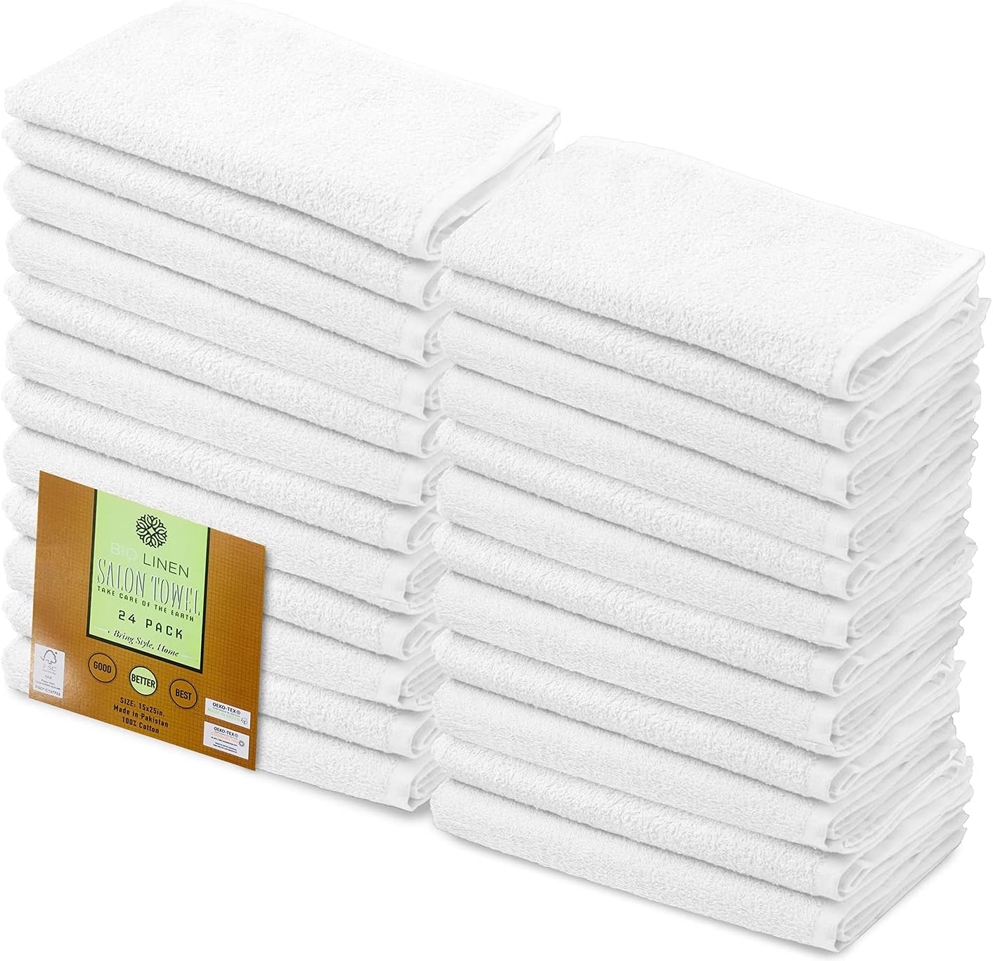 BIOLINEN Cotton Salon Towels Set - White 15"x25" Pack of 24 Ultra Soft 100% Cotton Gym Towel Hand Towel White Daily Usage Maximum Softness and High Absorbency for Home & Spa Easy Care