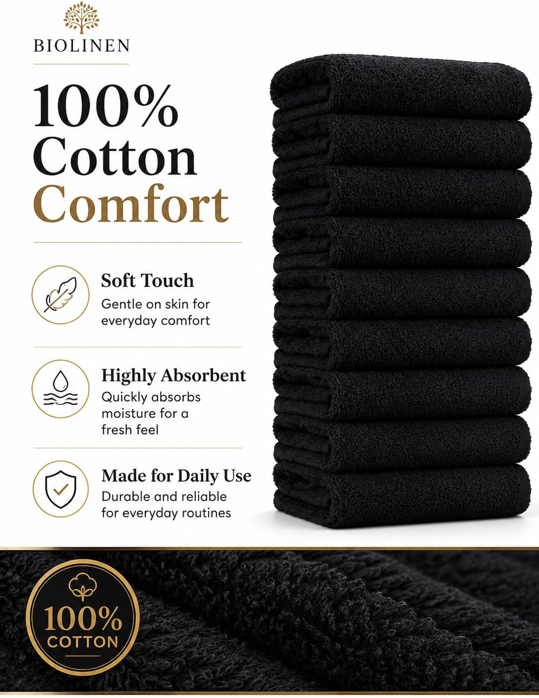 BIOLINEN Black Salon Towels 24 Pack