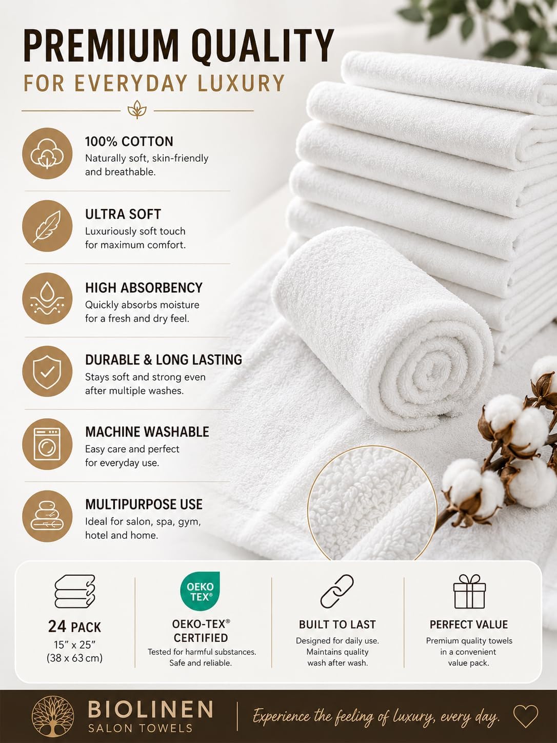 BIOLINEN White Salon Towels 24 Pack