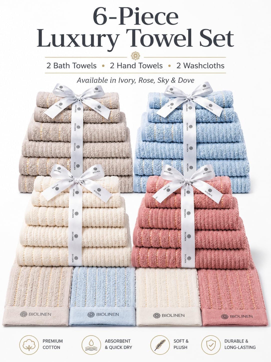 BIOLINEN Ivory 6 Piece Towel Set