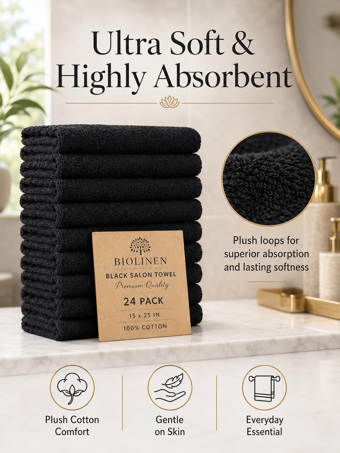 BIOLINEN Black Salon Towels 24 Pack