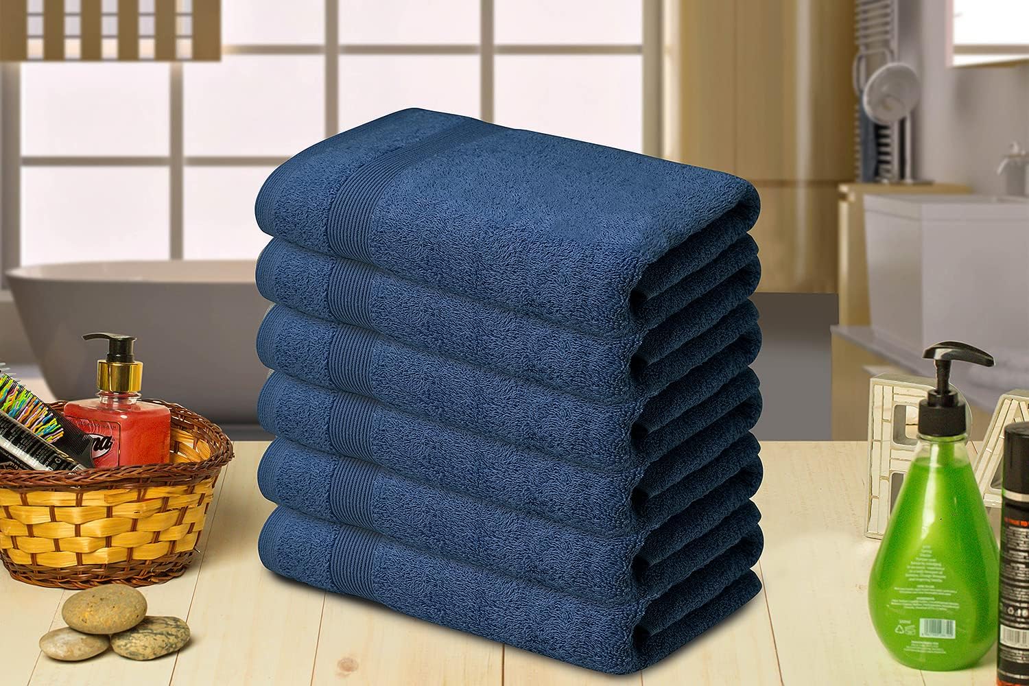 BIOLINEN Navy Bath Towels - Pack of 6 | Ultra Soft, Highly Absorbent | 100% Cotton Towels for Bathroom, Gym, Spa, and Hotel Use | 24x48 inches