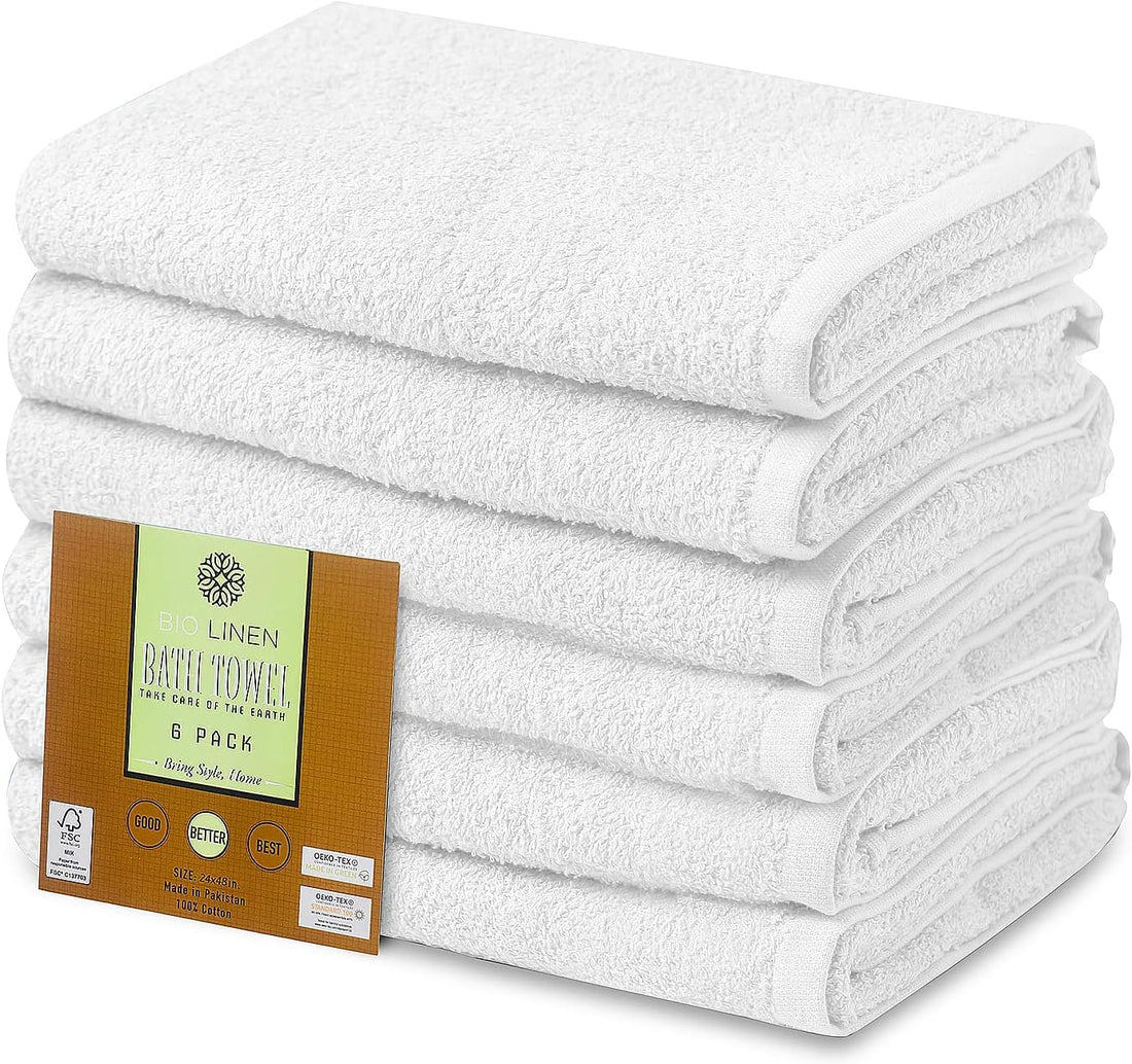 BIOLINEN White Bath Towels - Pack of 6 | Ultra Soft, Highly Absorbent | 100% Cotton Towels for Bathroom, Gym, Spa, and Hotel Use | 24x48 inches