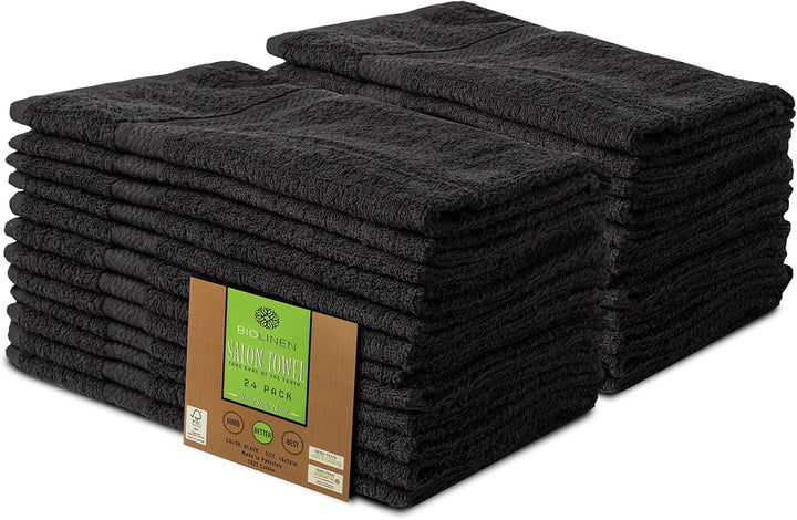 BIOLINEN Cotton Salon Towels Set - Pack of 24 Ultra Soft Black Gym Hand Towels 15"x25" - High Absorbency, Daily Usage, for Home, Spa