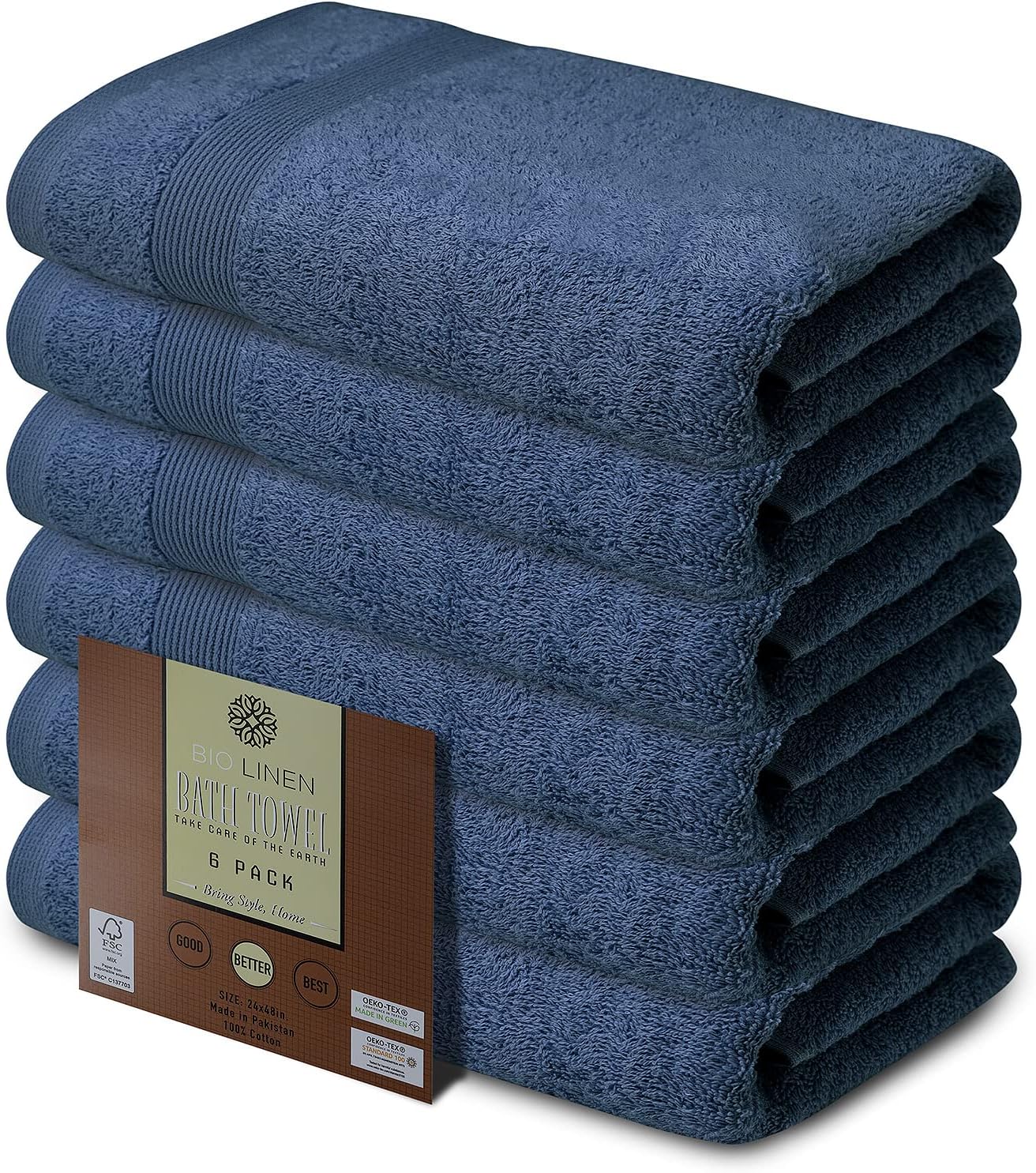 BIOLINEN Navy Bath Towels - Pack of 6 | Ultra Soft, Highly Absorbent | 100% Cotton Towels for Bathroom, Gym, Spa, and Hotel Use | 24x48 inches