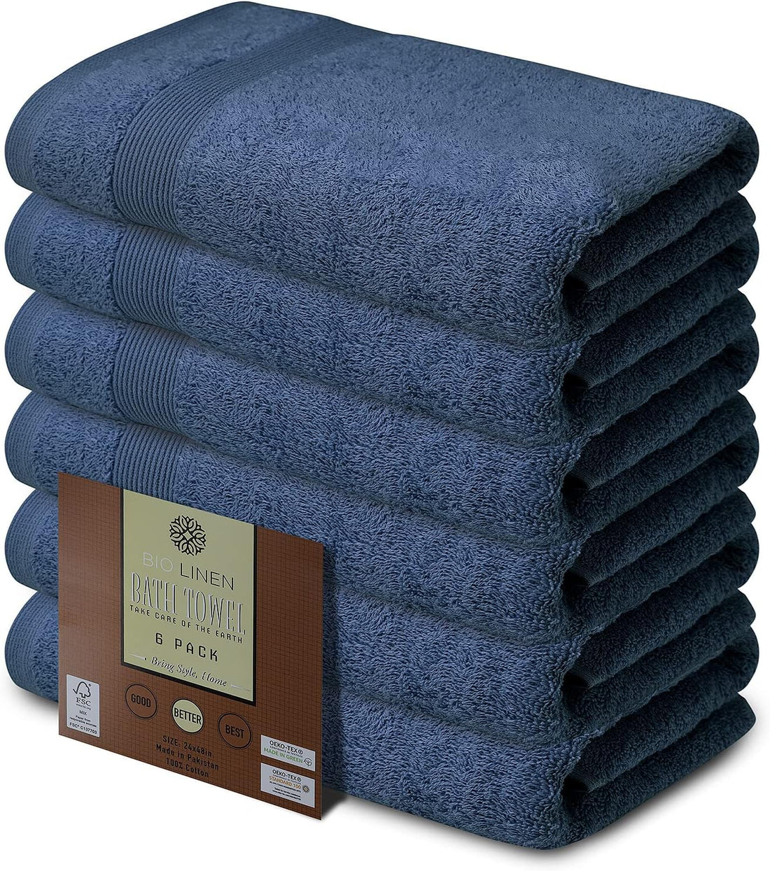 BIOLINEN Navy Bath Towels - Pack of 6 | Ultra Soft, Highly Absorbent | 100% Cotton Towels for Bathroom, Gym, Spa, and Hotel Use | 24x48 inches