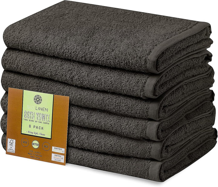 BIOLINEN Grey Bath Towels - Pack of 6 | Ultra Soft, Highly Absorbent | 100% Cotton Towels for Bathroom, Gym, Spa, and Hotel Use | 24x48 inches