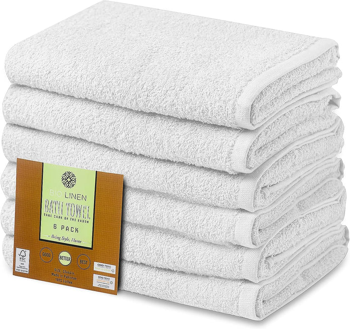 BIOLINEN White Cotton Bath Towel 22x44 Inches - Premium Quality Soft and Absorbent Towel for Bathroom, Gym, Spa, and Hotel Use - Pack of 6 Bath Towels - Quick-Drying and Durable