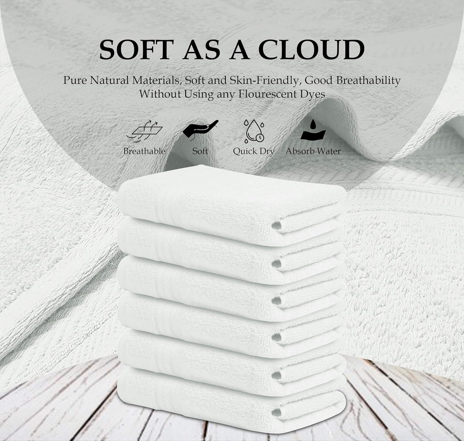 BIOLINEN White Bath Towels - Pack of 6 | Ultra Soft, Highly Absorbent | 100% Cotton Towels for Bathroom, Gym, Spa, and Hotel Use | 24x48 inches