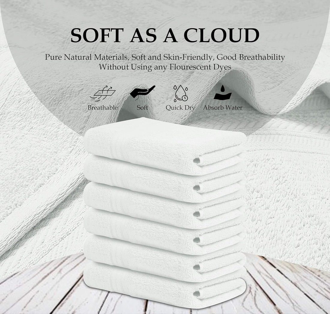 BIOLINEN White Bath Towels - Pack of 6 | Ultra Soft, Highly Absorbent | 100% Cotton Towels for Bathroom, Gym, Spa, and Hotel Use | 24x48 inches