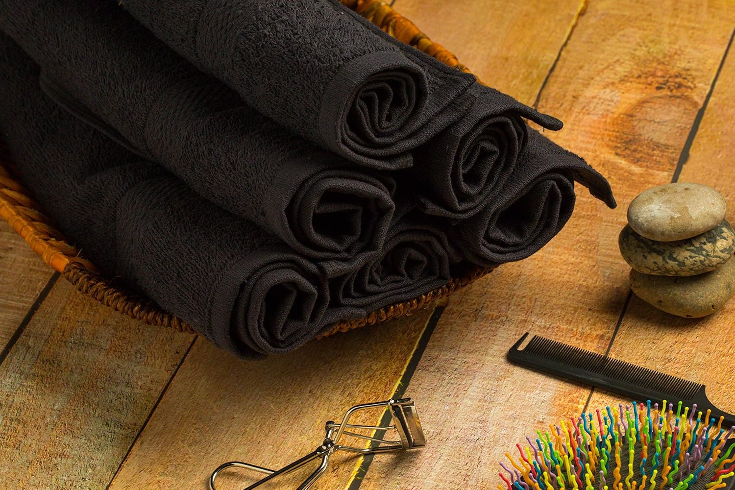 BIOLINEN Cotton Salon Towels Set - Pack of 24 Ultra Soft Black Gym Hand Towels 15"x25" - High Absorbency, Daily Usage, for Home, Spa